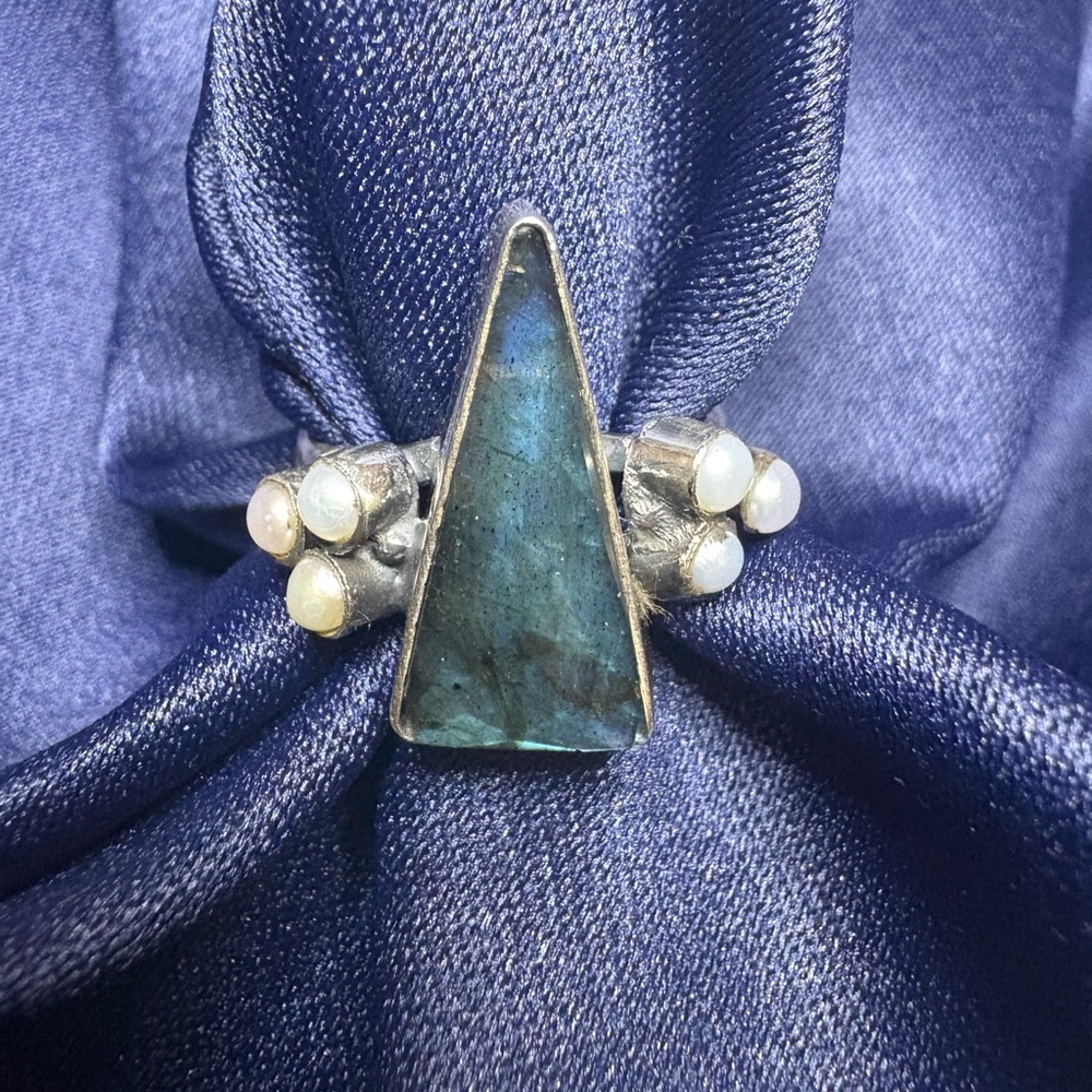 Labradorite Triangle Sterling Ring with Opal Accent - Blue-Green